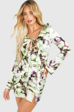 Bodycon Dresses*boohoo Marble Print Tie Front Ruffle Mini Dress green