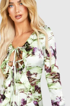 Bodycon Dresses*boohoo Marble Print Tie Front Ruffle Mini Dress green