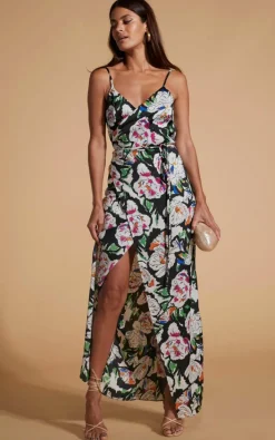 Wrap Dresses*Dancing Leopard Mariah Floral Maxi Dress Stylish Tie Waist Wrap Front Outfit Black