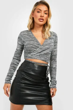 Knitted Tops*boohoo Marl Knitted Tie Waist Crop Top black
