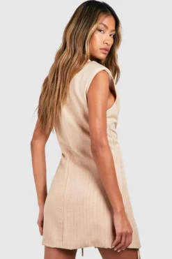 Blazer Dresses*boohoo Marl Pinstripe Shoulder Pad Tie Waist Blazer Dress sand