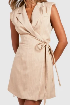 Blazer Dresses*boohoo Marl Pinstripe Shoulder Pad Tie Waist Blazer Dress sand