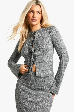 Knitted Tops*boohoo Marl Rib tie front Long sleeve flare top grey