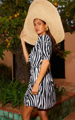Wrap Dresses*Dancing Leopard Marley Zebra Print Mini Dress Wrap Front Tie V-Neck Ladies Gown Black