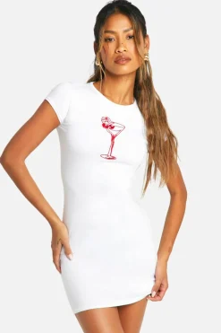T-Shirt Dresses*boohoo Martini Embroidered Cap Sleeve Bodycon Dress white