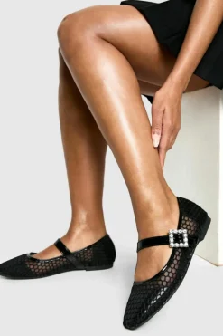 Ballet Flats|Flats*boohoo Mary Jane Embellished Detail Mesh Ballet Flats black