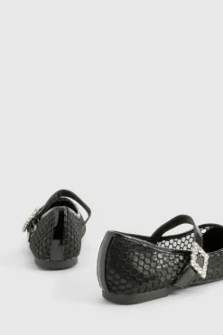 Ballet Flats|Flats*boohoo Mary Jane Embellished Detail Mesh Ballet Flats black