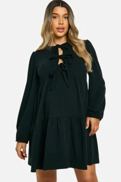 Smock Dresses*boohoo Maternity 2 Tone Rib Tie Front Frill Hem Long Sleeve Mini Smock Dress black