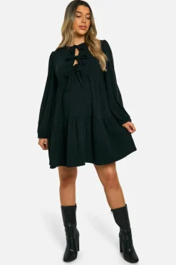 Smock Dresses*boohoo Maternity 2 Tone Rib Tie Front Frill Hem Long Sleeve Mini Smock Dress black