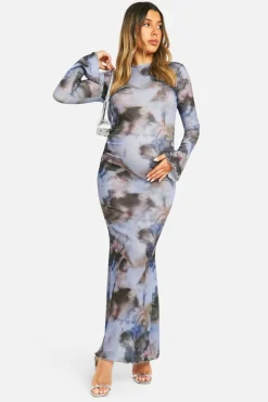 Bodycon Dresses|Maxi Dresses*boohoo Maternity Abstract Print Lettuce Hem Long Sleeve Maxi Dress grey
