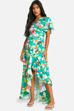 Maxi Dresses|Dresses*boohoo Maternity Belted Floral Ruffle Hem Maxi Dress green