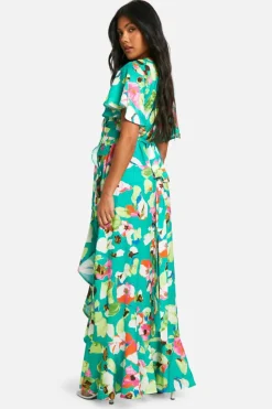 Maxi Dresses|Dresses*boohoo Maternity Belted Floral Ruffle Hem Maxi Dress green