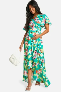 Maxi Dresses|Dresses*boohoo Maternity Belted Floral Ruffle Hem Maxi Dress green