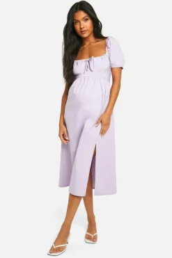 Midi Dresses*boohoo Maternity Bengaline Puff Sleeve Milkmaid Midi Dress lilac
