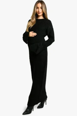 Maxi Dresses|Jumper Dresses*boohoo Maternity Borg Flare Sleeve Knitted Maxi Dress black