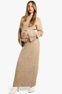 Maxi Dresses|Jumper Dresses*boohoo Maternity Borg Flare Sleeve Knitted Maxi Dress camel