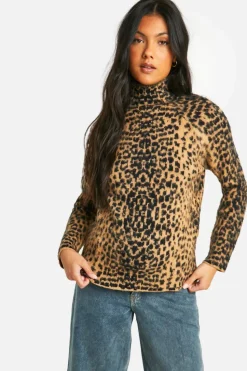 Jumpers|Jumpers & Cardigans*boohoo Maternity Brushed Leopard Knitted Roll Neck Jumper brown