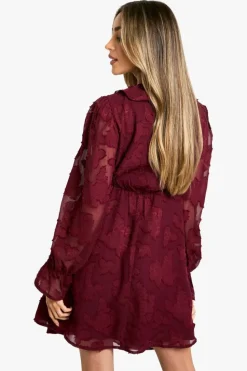 Smock Dresses*boohoo Maternity Burn Out Frill Detail Long Sleeve Mini Smock Dress merlot