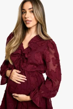 Smock Dresses*boohoo Maternity Burn Out Frill Detail Long Sleeve Mini Smock Dress merlot