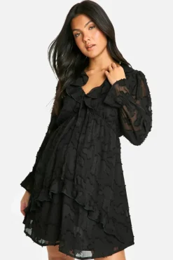 Smock Dresses*boohoo Maternity Burn Out Frill Detail Long Sleeve Mini Smock Dress black