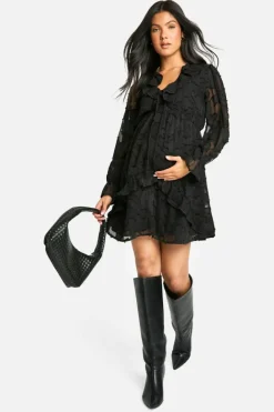 Smock Dresses*boohoo Maternity Burn Out Frill Detail Long Sleeve Mini Smock Dress black