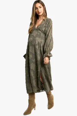 Smock Dresses|Long Sleeve Dresses*boohoo Maternity Burn Out Long Sleeve Floaty Midaxi Dress dark olive