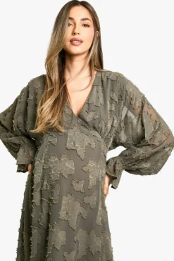 Smock Dresses|Long Sleeve Dresses*boohoo Maternity Burn Out Long Sleeve Floaty Midaxi Dress dark olive