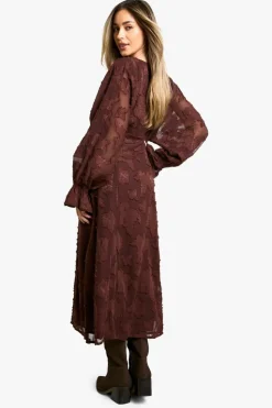 Smock Dresses*boohoo Maternity Burn Out Long Sleeve Floaty Midaxi Dress chocolate