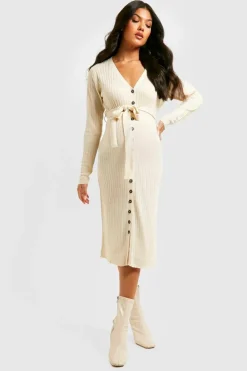 Midi Dresses|Jumper Dresses*boohoo Maternity Button Down Knitted Midi Dress oatmeal