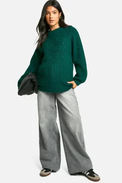 Oversized Jumpers|Jumpers*boohoo Maternity Cable Knit Oversized Crew Neck Jumper bottle green