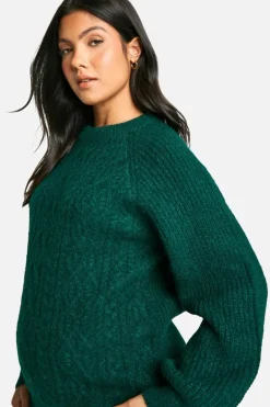 Oversized Jumpers|Jumpers*boohoo Maternity Cable Knit Oversized Crew Neck Jumper bottle green