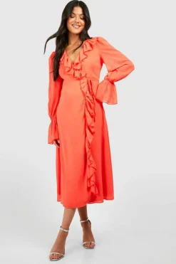 Wrap Dresses*boohoo Maternity Chiffon Ruffle Wrap Midaxi Dress coral