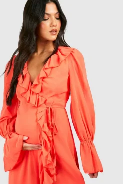 Wrap Dresses*boohoo Maternity Chiffon Ruffle Wrap Midaxi Dress coral