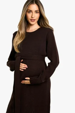Midi Dresses|Jumper Dresses*boohoo Maternity Crew Neck Jumper Midi Dress chocolate