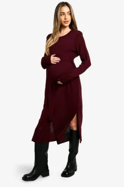 Midi Dresses|Jumper Dresses*boohoo Maternity Crew Neck Jumper Midi Dress burgundy