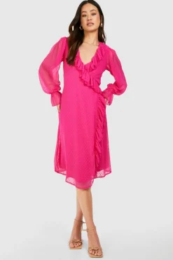 Wrap Dresses|Midi Dresses*boohoo Maternity Dobby Frill Wrap Midi Dress pink