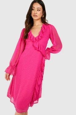 Wrap Dresses|Midi Dresses*boohoo Maternity Dobby Frill Wrap Midi Dress pink