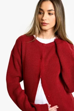 Cardigans|Knitwear*boohoo Maternity Fine Knit Crew Neck Cardigan burgundy