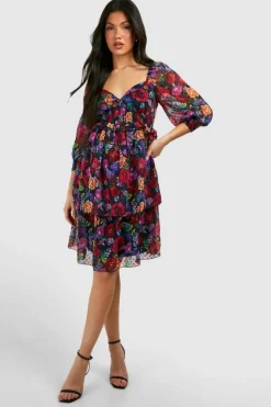 Smock Dresses*boohoo Maternity Floral Dobby Puff Shoulder Mini Dress black