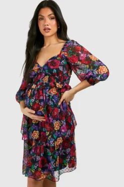 Smock Dresses*boohoo Maternity Floral Dobby Puff Shoulder Mini Dress black