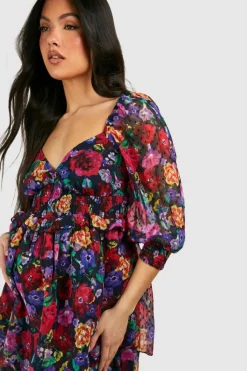 Smock Dresses*boohoo Maternity Floral Dobby Puff Shoulder Mini Dress black