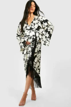 Wrap Dresses*boohoo Maternity Floral Print Tassel Hem Wrap Dress black