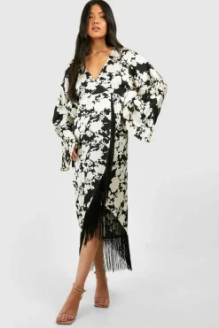 Wrap Dresses*boohoo Maternity Floral Print Tassel Hem Wrap Dress black