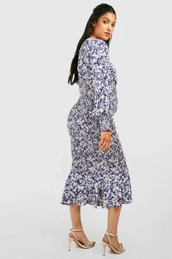 Midi Dresses*boohoo Maternity Floral Shirred Frill Hem Midi Dress ivory