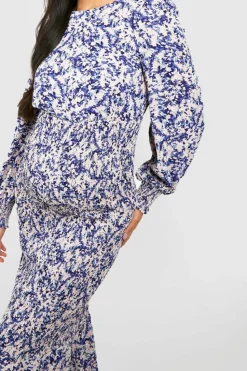 Midi Dresses*boohoo Maternity Floral Shirred Frill Hem Midi Dress ivory