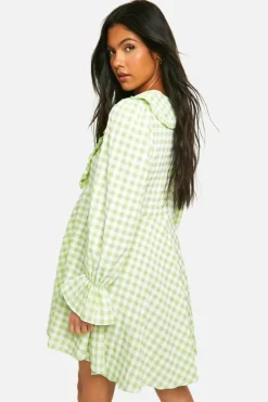 Smock Dresses*boohoo Maternity Gingham Collared Puff Sleeve Smock Dress green