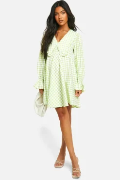Smock Dresses*boohoo Maternity Gingham Collared Puff Sleeve Smock Dress green