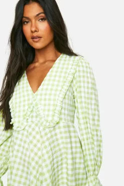 Smock Dresses*boohoo Maternity Gingham Collared Puff Sleeve Smock Dress green