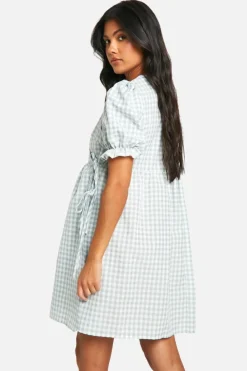 Wrap Dresses*boohoo Maternity Gingham Puff Sleeve Wrap Mini Smock Dress sage