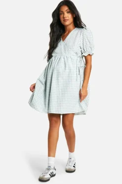 Wrap Dresses*boohoo Maternity Gingham Puff Sleeve Wrap Mini Smock Dress sage